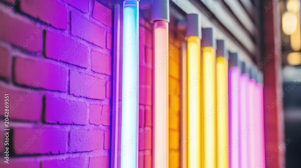 Obraz premium Neon lights installation with a brick wall background