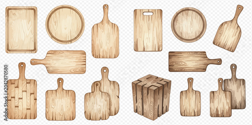 Photos Collection of various wooden cutting boards, serving trays, and butcher blocks in different shapes and sizes, perfect for kitchen and food preparation