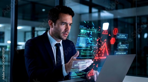 Serious Businessman Experiencing Data Disruption and System Failure Over Holographic Interface