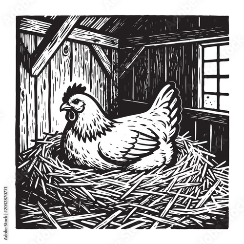 Tablou pe pânză Clean vector art showing a hen brooding eggs in a farm enclosure, designed in simple style for agriculture, livestock production, and farming industry visuals