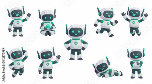 Cute Robot Character Collection with Nine Different Poses, Including Waving, Sitting, Running, Jumping, Thinking, and Relaxing, Flat Design Vector Illustration
