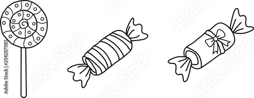 Bilde på lerret Collection of hand drawn outline candy illustrations including lollipop and wrap