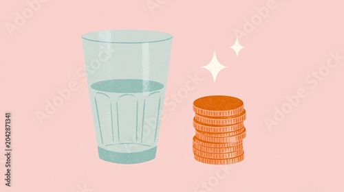 Illustration of glass of water and stack of coins: growing prices on water, higher bills