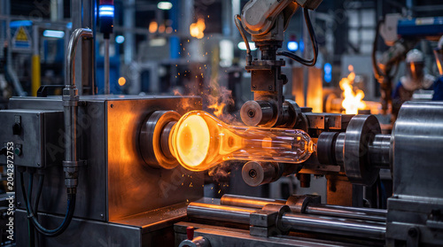 Automated machinery shapes molten glass bottles with intense heat and sparks in a modern manufacturing facility