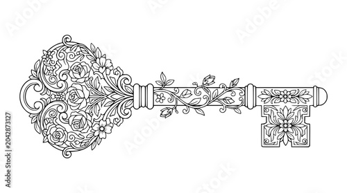 Ornate Vintage Skeleton Key with Floral Rose Decorations Coloring Page