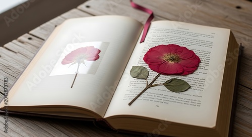 Open book with pressed flowers on wooden table