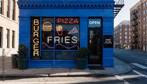 Exterior facade of a blue diner with neon signs for burger and pizza, restaurant