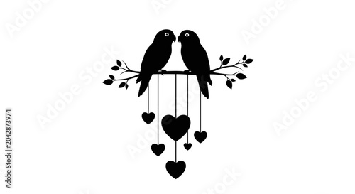 Konstfotografi Two black silhouette birds sitting on a branch with hanging hearts
