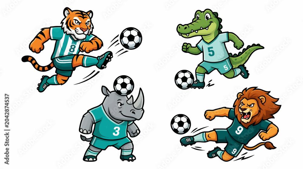 Obraz premium Cute Cartoon Animal Soccer Players, Tiger, Lion, Rhinoceros, Crocodile, Playing Football, Isolated on White Background, Vector Illustration