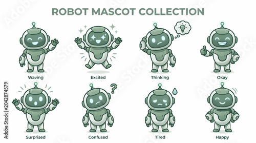 Cute Flat Vector Robot Mascot Collection Showing Various Emotions and Actions: Waving, Excited, Thinking, Okay, Surprised, Confused, Tired, and Happy