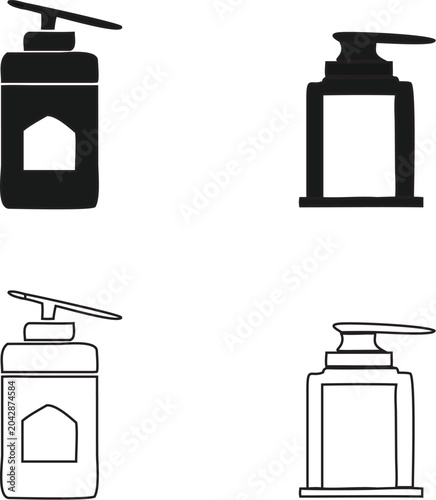 Cosmetic Soap Dispenser Pump Bottle Silhouette and Outline Minimalist Icon Set