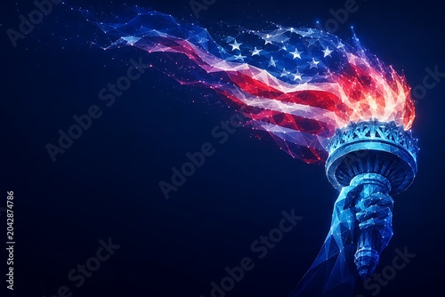 Glowing digital statue of liberty torch with american flag motif. flag day usa american particle landmark democracy patriotic monument abstract technology. flag day usa