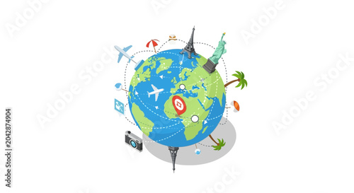 Photos An isometric illustration showing a globe with various travel icons and landmark