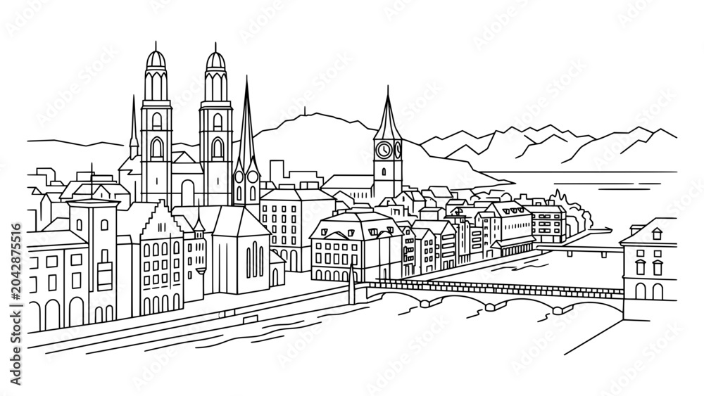 Fototapeta premium Line Art of Zurich, Switzerland