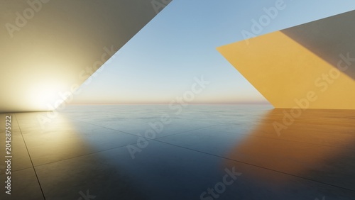 Abstract architecture background, Concrete structure building is on empty cement floor, Scene for car presentation, Modern Exterior, 3D rendering