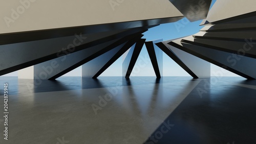 Abstract architecture background, Concrete structure building is on empty cement floor, Scene for car presentation, Modern Exterior, 3D rendering
