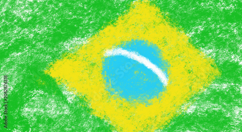 Hand drawn flag of Brazil sketched in a rough crayon texture. Green yellow and blue national symbol represented in a distressed colored pencil art style. Isolated PNG cutout element.