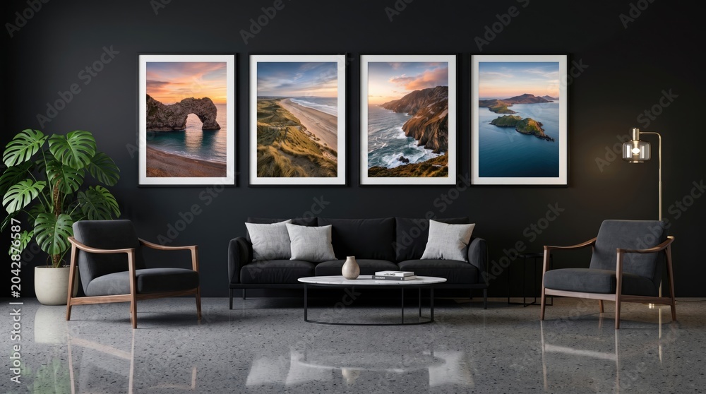 Fototapeta premium Modern living room with dark walls, sleek black sofa, armchairs, minimalist coffee table, large plant, and four scenic landscape framed photos.