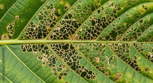 Leaf damaged by insects close up