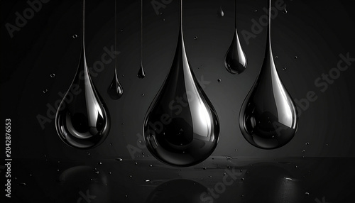 Oil droplets falling down isolated on dark background