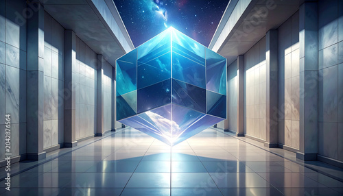 Large crystal cube in futuristic corridor with shiny floor and walls