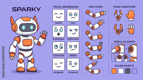 Tableau sur toile Cute Robot Character Design Sheet with Facial Expressions, Arm Poses, Hand Varia