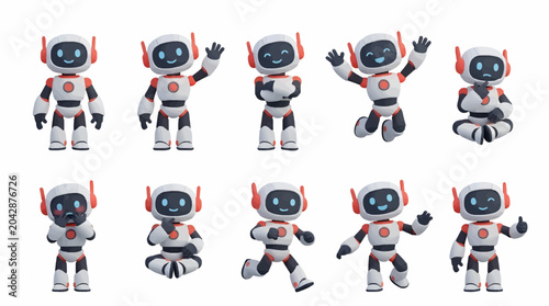 Obraz na płótnie Cute Robot Character Collection with Nine Different Poses and Expressions, 3D Il