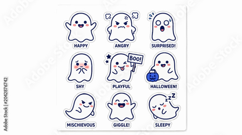 Billede på lærred Cute Ghost Character Stickers with Various Emotions, Flat Vector Illustrations f