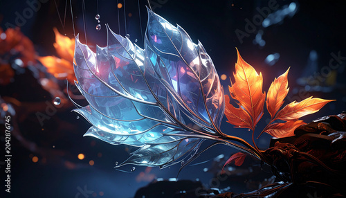 Crystal leaf with orange leaves on dark background