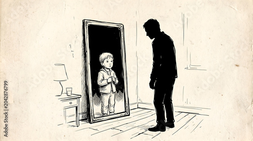 A silhouette of a man looking at a reflection of a young boy inside a large floor mirror