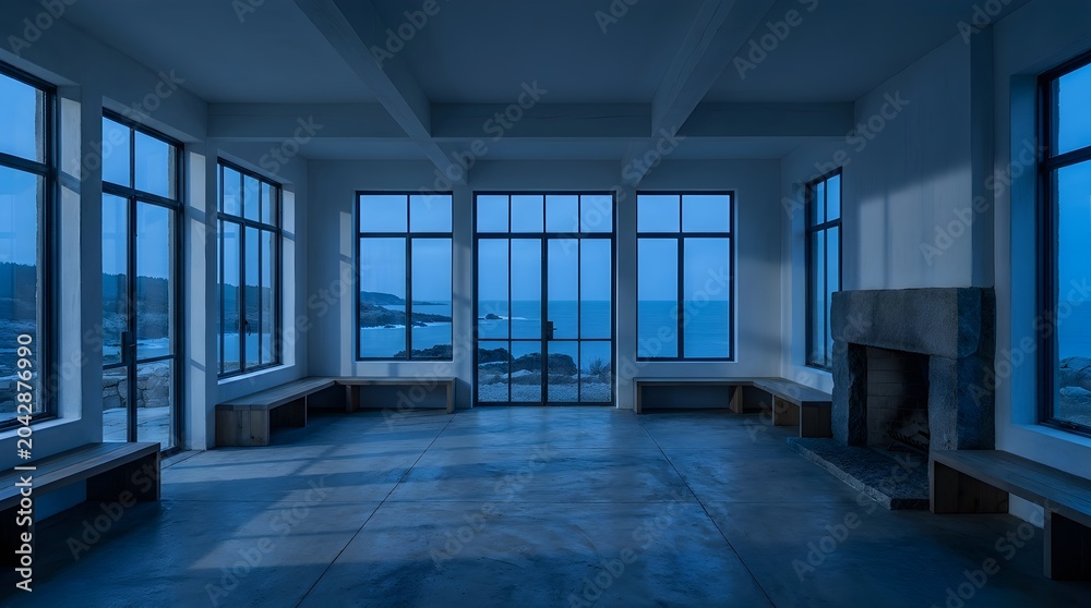 Fototapeta premium Modern minimalist empty room with ocean view, industrial concrete interior with large windows, luxury coastal villa living space at twilight