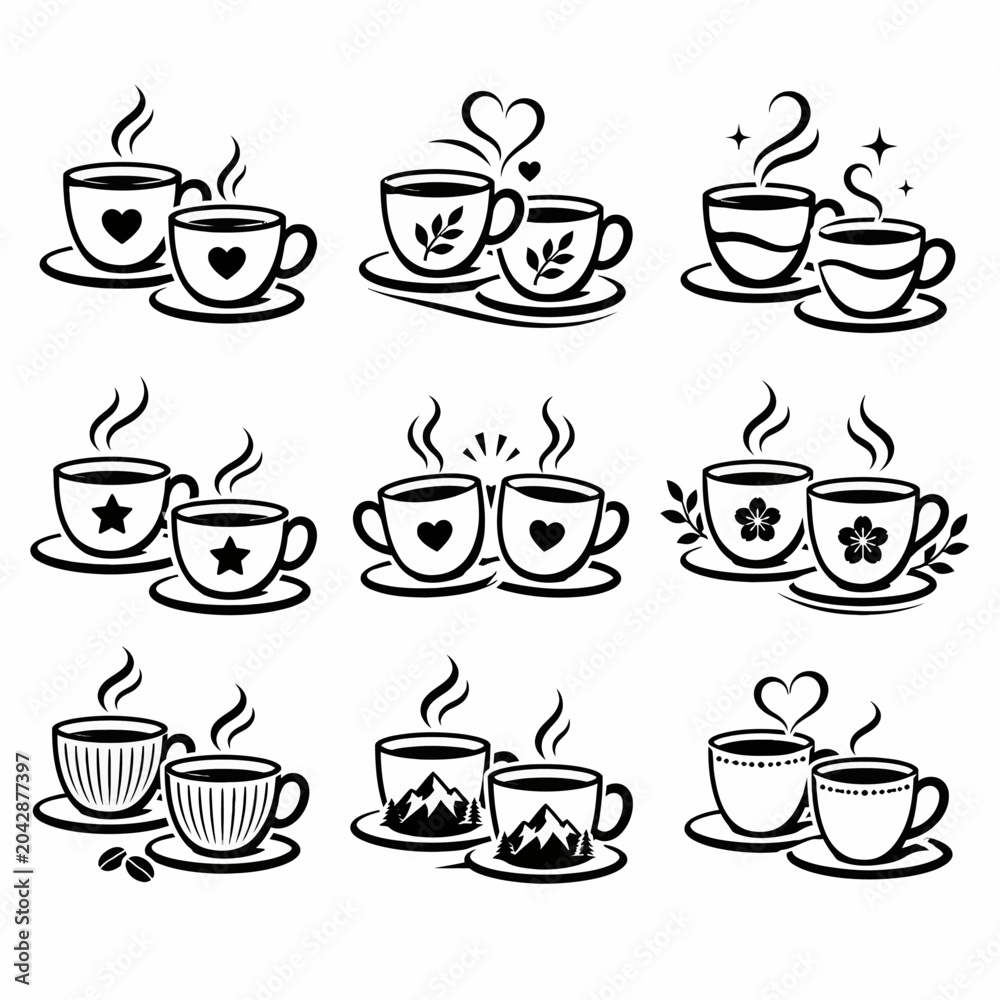 Fototapeta premium Nine black and white of coffee cups with decorative patterns and steam