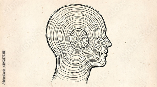 A side profile view of a human head constructed from concentric wood grain style circular ink lines