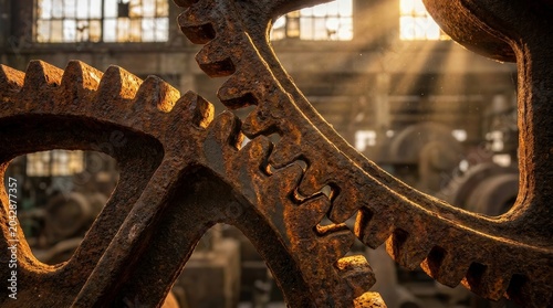 Macro close up of massive rusty industrial gears in sunlit abandoned factory