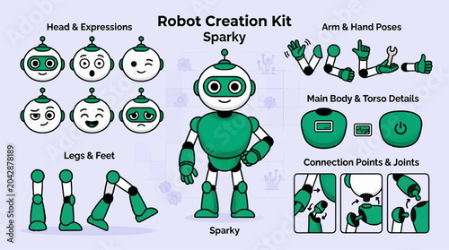 фотографія Cute Anthropomorphic Robot Character Design Kit Sparky with Multiple Heads, Ex