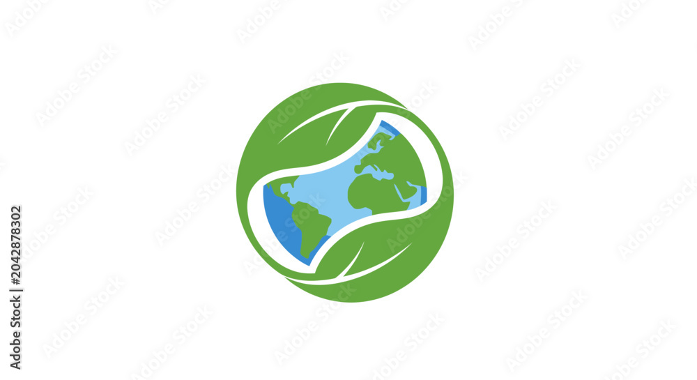 Obraz premium A stylized graphic icon showing a blue planet inside a green leaf circle