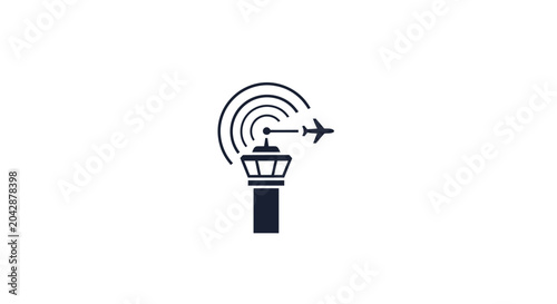 A minimalist icon showing an air traffic control tower tracking a flying airplane