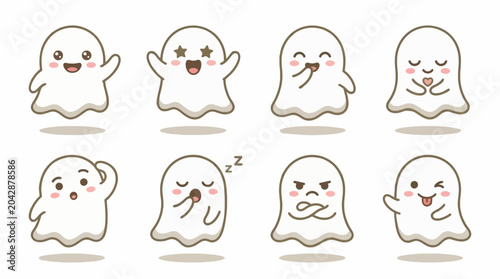 Bild auf Leinwand Cute Cartoon Ghost Characters with Various Expressions, Flat Design Vector Illus