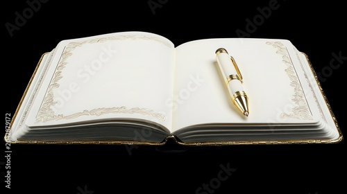Open book with pen on black background
