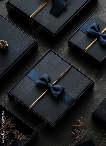 Flat lay composition featuring luxury gift boxes.