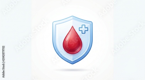 Blood drop in shield icon, symbolizing health, safety, and life-saving donation, ideal for World Blood Donor Day awareness