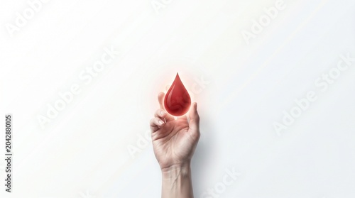 Hand holding a single drop of blood, symbolizing World Blood Donor Day and the importance of blood donation for saving lives
