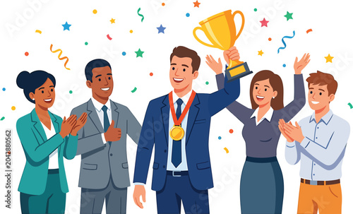 Celebrating Team With Trophy And Medal Colorful Vector Illustration