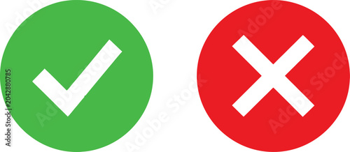 Obraz na płótnie Green check mark and red x cross circle icons for approval and rejection