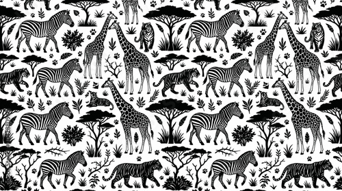 Monochrome zebra pattern featuring trees in a seamless, repeating design.