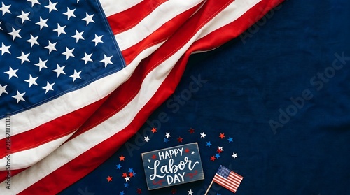 Waving American Flag Stars and Stripes on Blue Background