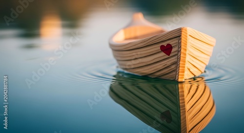 Wooden toy boat with heart floating on water