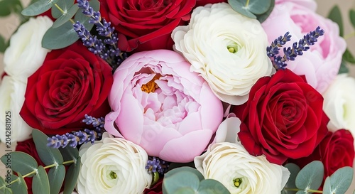 Floral arrangement of roses and peonies