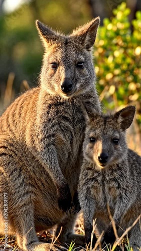 Mother and joey kangaroo in natural habitat.