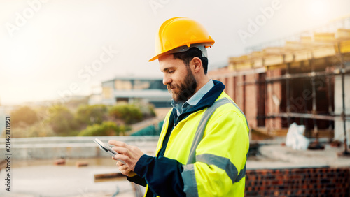 Tableau sur toile Construction, message or man on site with tablet, task instruction or inspection report in online chat